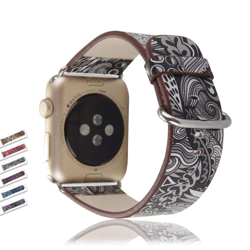 Apple Watch Leather Flower Print Band Strap Series
