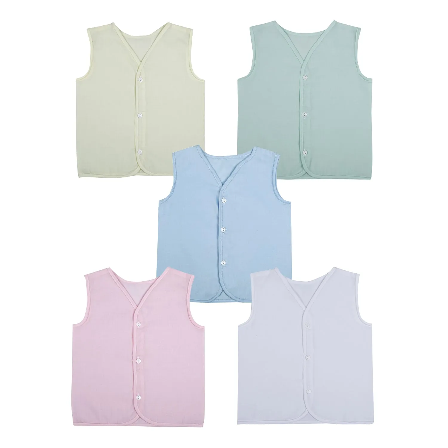Baby Moo Solid V-Neck Sleeveless Front Opening Button Cotton Jhablas 5 Pcs - Blue, Multicolour