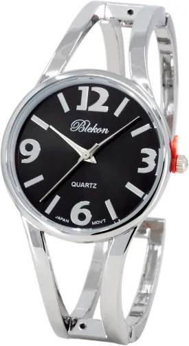 Blekon Collections Women's Elegant Analog Quartz Watch - 33mm Case, Casual Metal Cuff Bangle Design, Adjustable Fit for 7-8 Inch Wrist Size