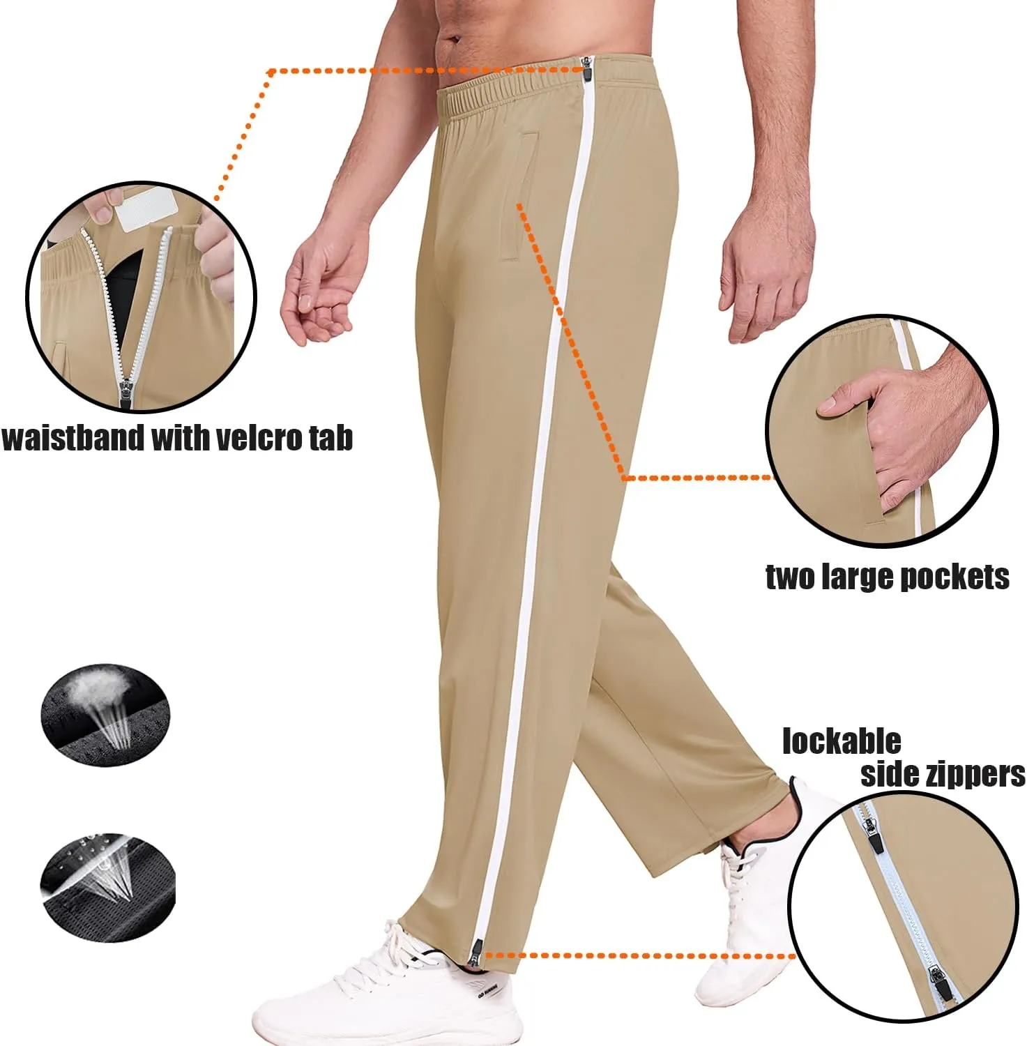 Deyeek Mens Tear Away Basketball Pants 2 Side Zippers Snap Off Full Open Down Sweatpants Leg Post Surgery Pant with Pockets
