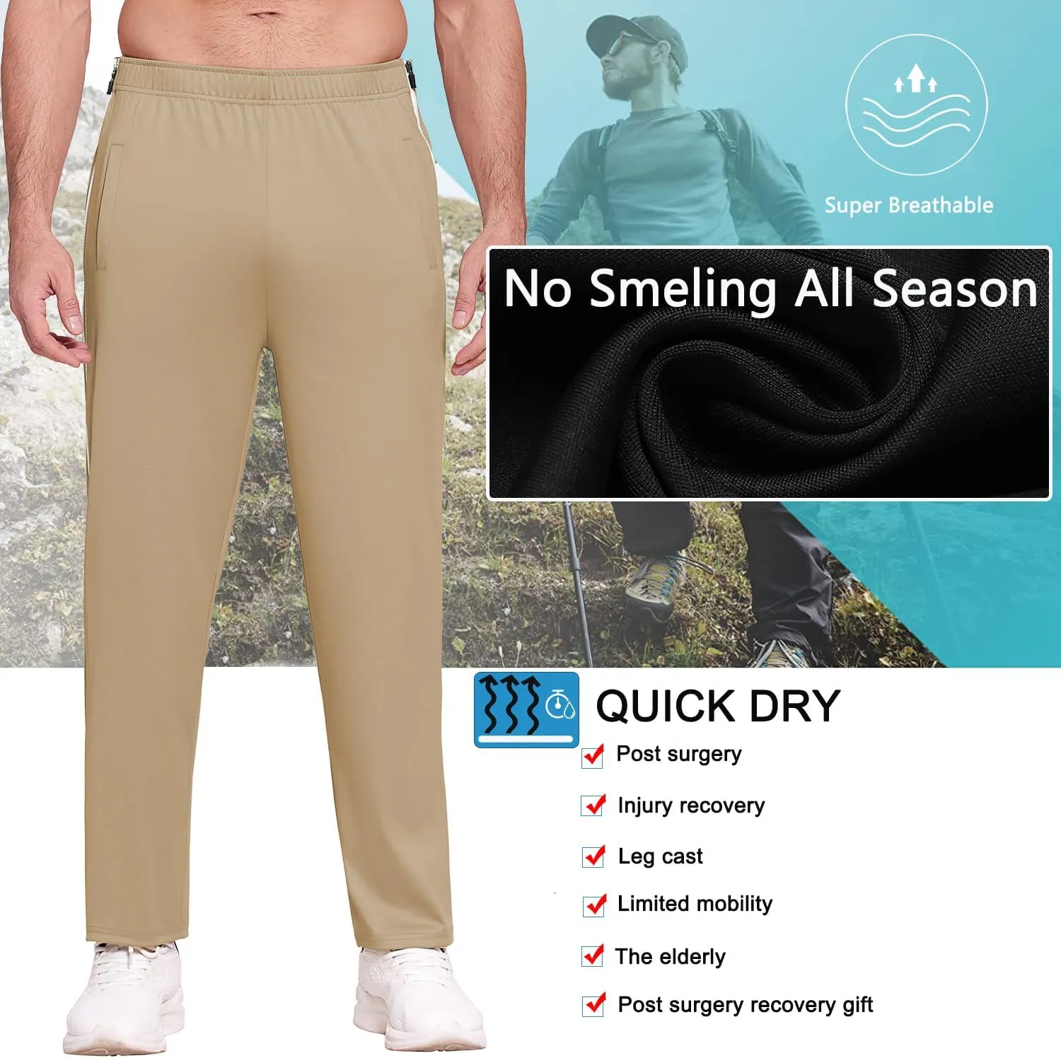 Deyeek Mens Tear Away Basketball Pants 2 Side Zippers Snap Off Full Open Down Sweatpants Leg Post Surgery Pant with Pockets
