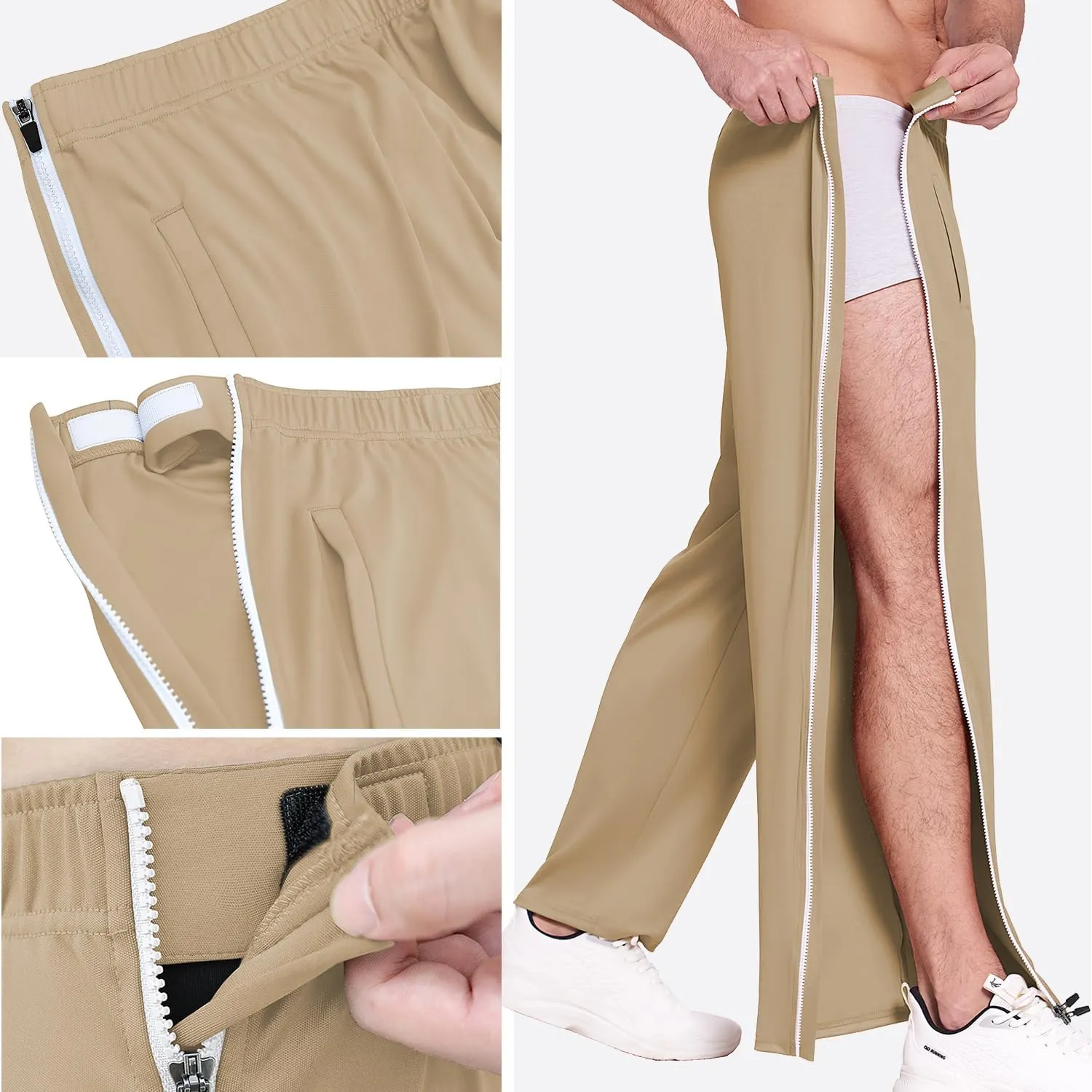 Deyeek Mens Tear Away Basketball Pants 2 Side Zippers Snap Off Full Open Down Sweatpants Leg Post Surgery Pant with Pockets