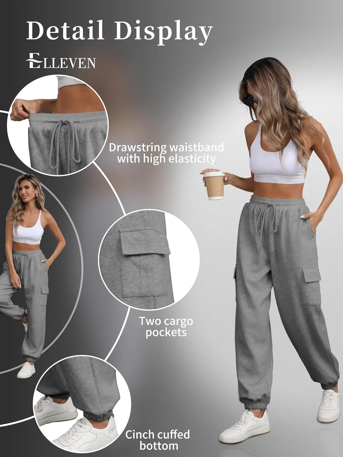 ELLEVEN High Waisted Sweatpants for Women - Baggy Cuffed Jogger with Cargo Pockets and Adjustable Drawstring