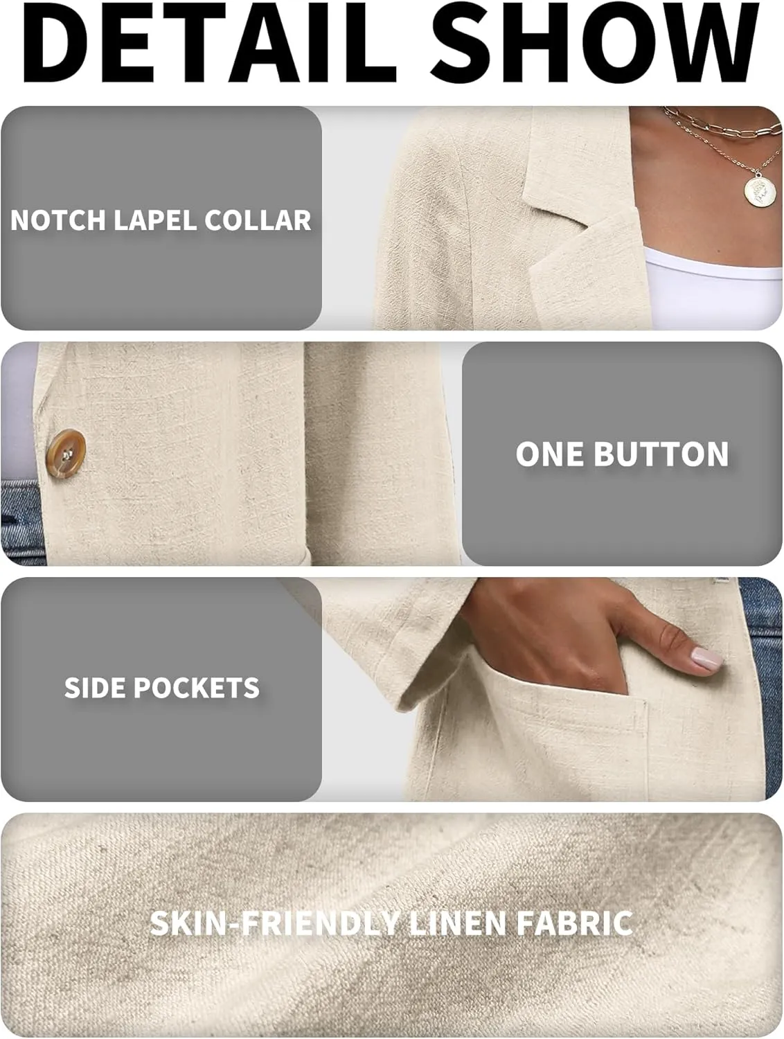 ELLEVEN Womens Linen Blazer Casual Long Sleeve Lightweight One Button Jackets Spring Summer Suit