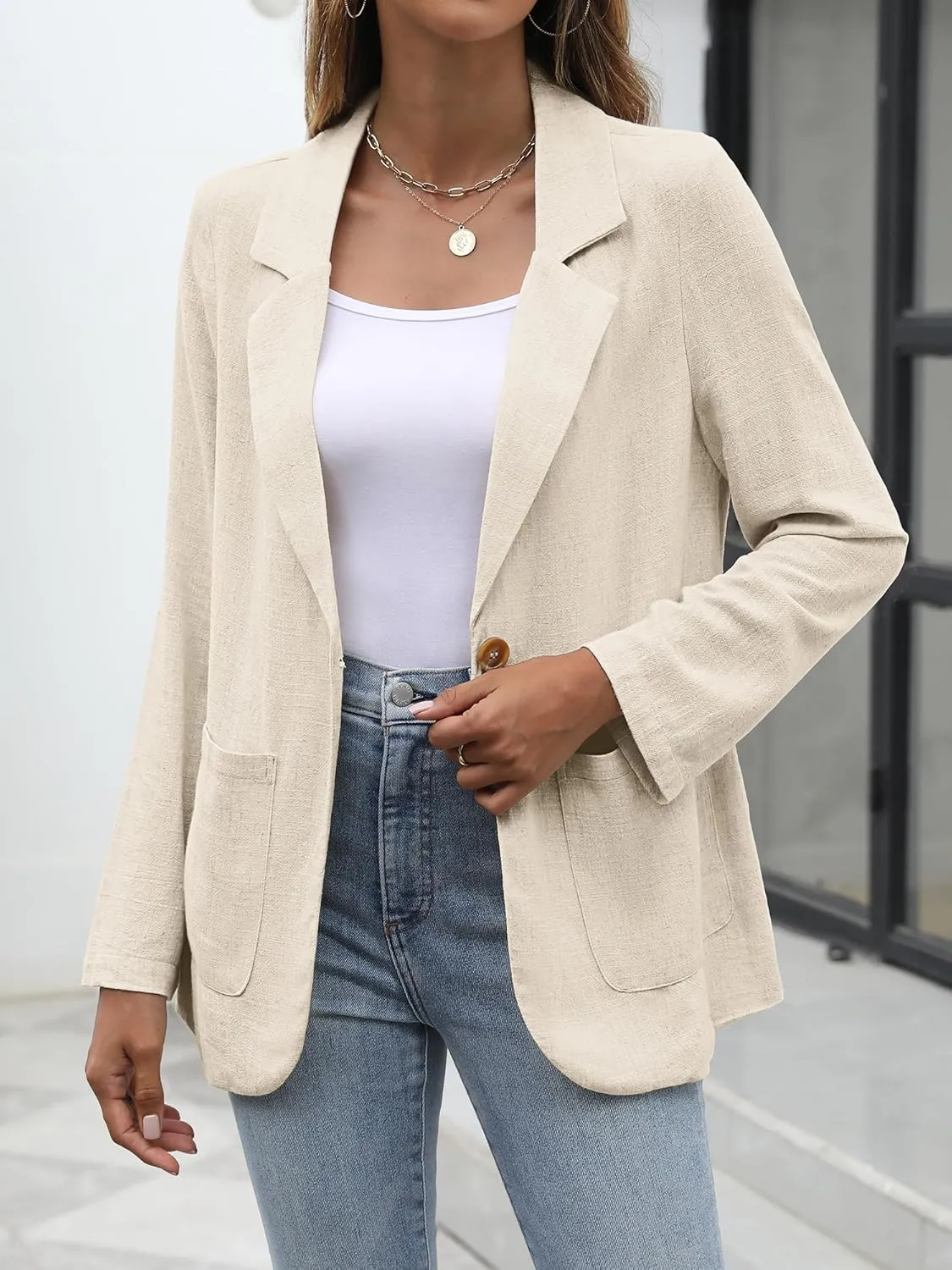 ELLEVEN Womens Linen Blazer Casual Long Sleeve Lightweight One Button Jackets Spring Summer Suit
