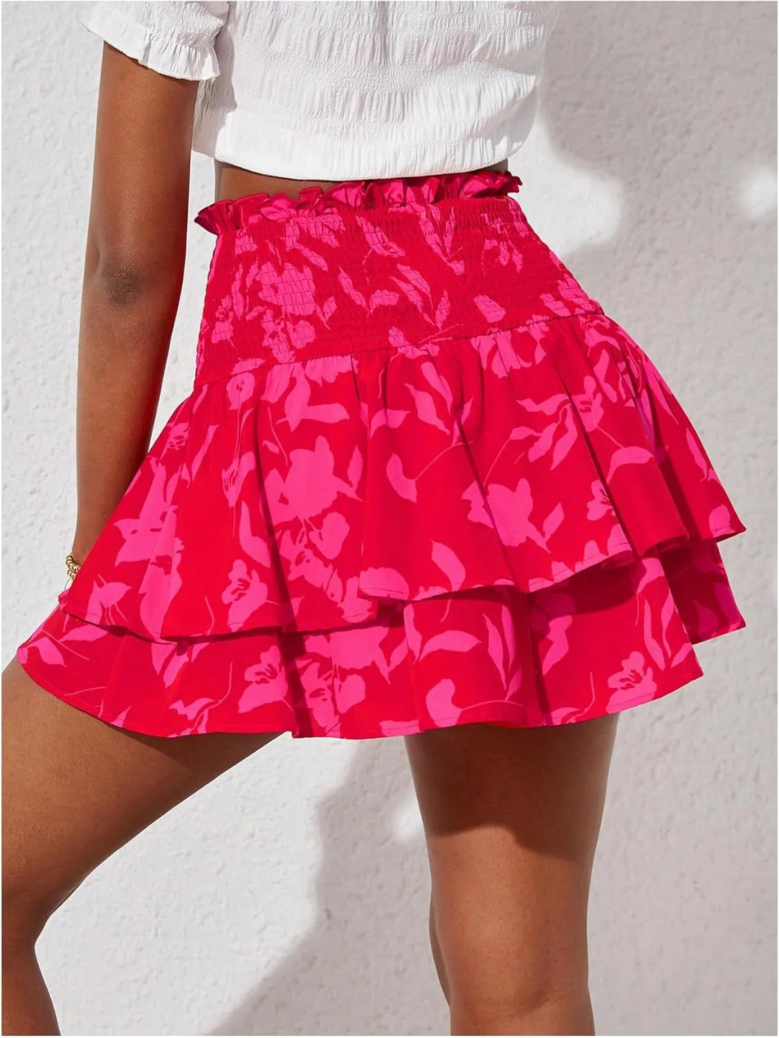 GORGLITTER Girl's Cute Floral Skirts Summer High Waist Tiered Ruffle Hem Shirred Mini Skirt