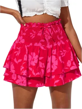 GORGLITTER Girl's Cute Floral Skirts Summer High Waist Tiered Ruffle Hem Shirred Mini Skirt