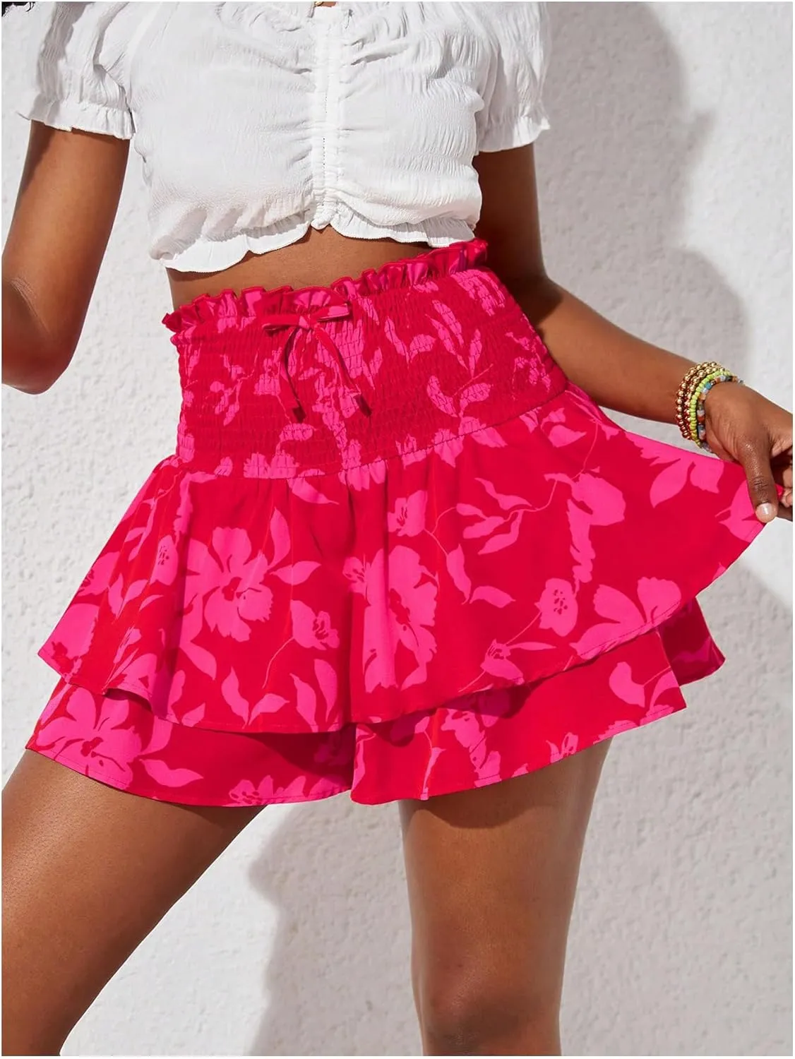 GORGLITTER Girl's Cute Floral Skirts Summer High Waist Tiered Ruffle Hem Shirred Mini Skirt