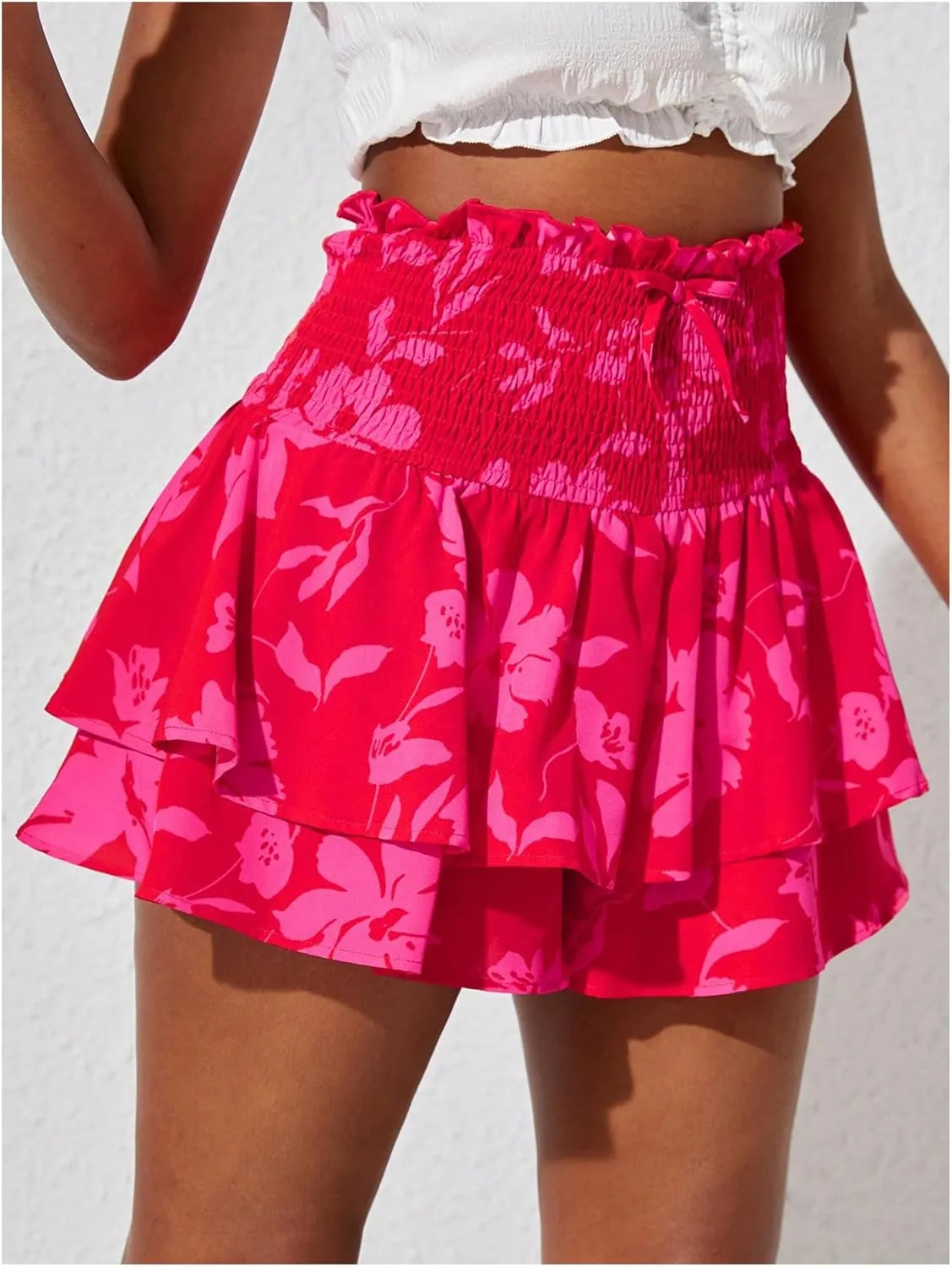 GORGLITTER Girl's Cute Floral Skirts Summer High Waist Tiered Ruffle Hem Shirred Mini Skirt
