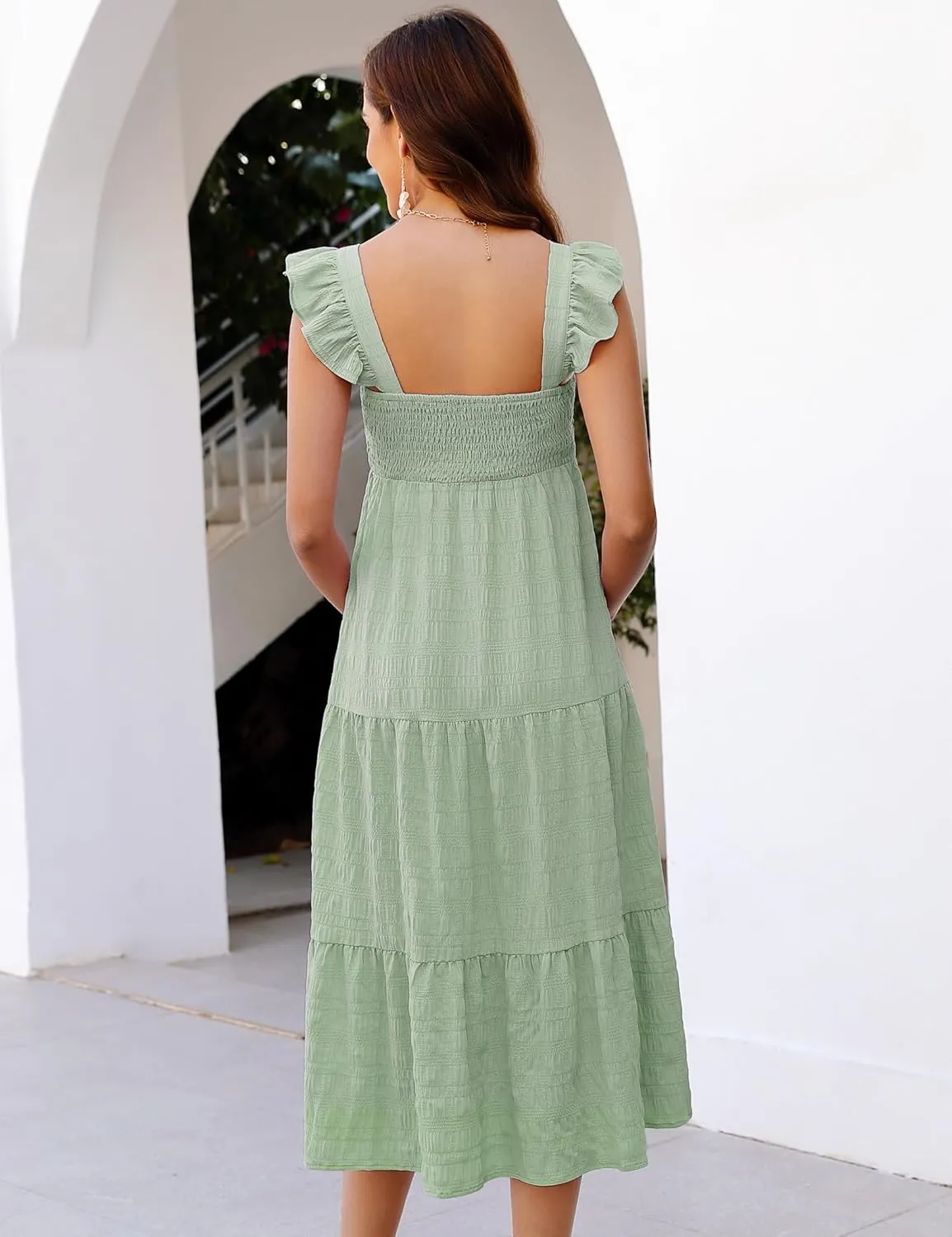 KOJOOIN Womens Maternity Dress Summer Sleeveless Smocked Square Neck Ruffle Casual Boho Midi Dress Baby Shower Photoshoot