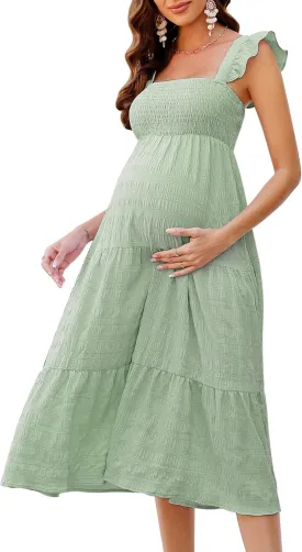 KOJOOIN Womens Maternity Dress Summer Sleeveless Smocked Square Neck Ruffle Casual Boho Midi Dress Baby Shower Photoshoot