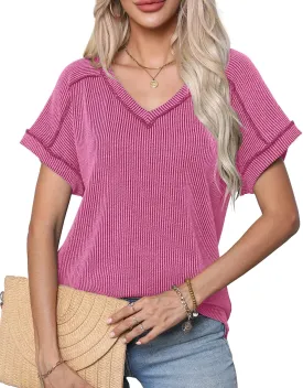levaca Womens Summer Tops V Neck Cap Short Sleeve Ribbed Tshirts Business Casual Loose Fit Basic Tees Trendy Tunics Clothes
