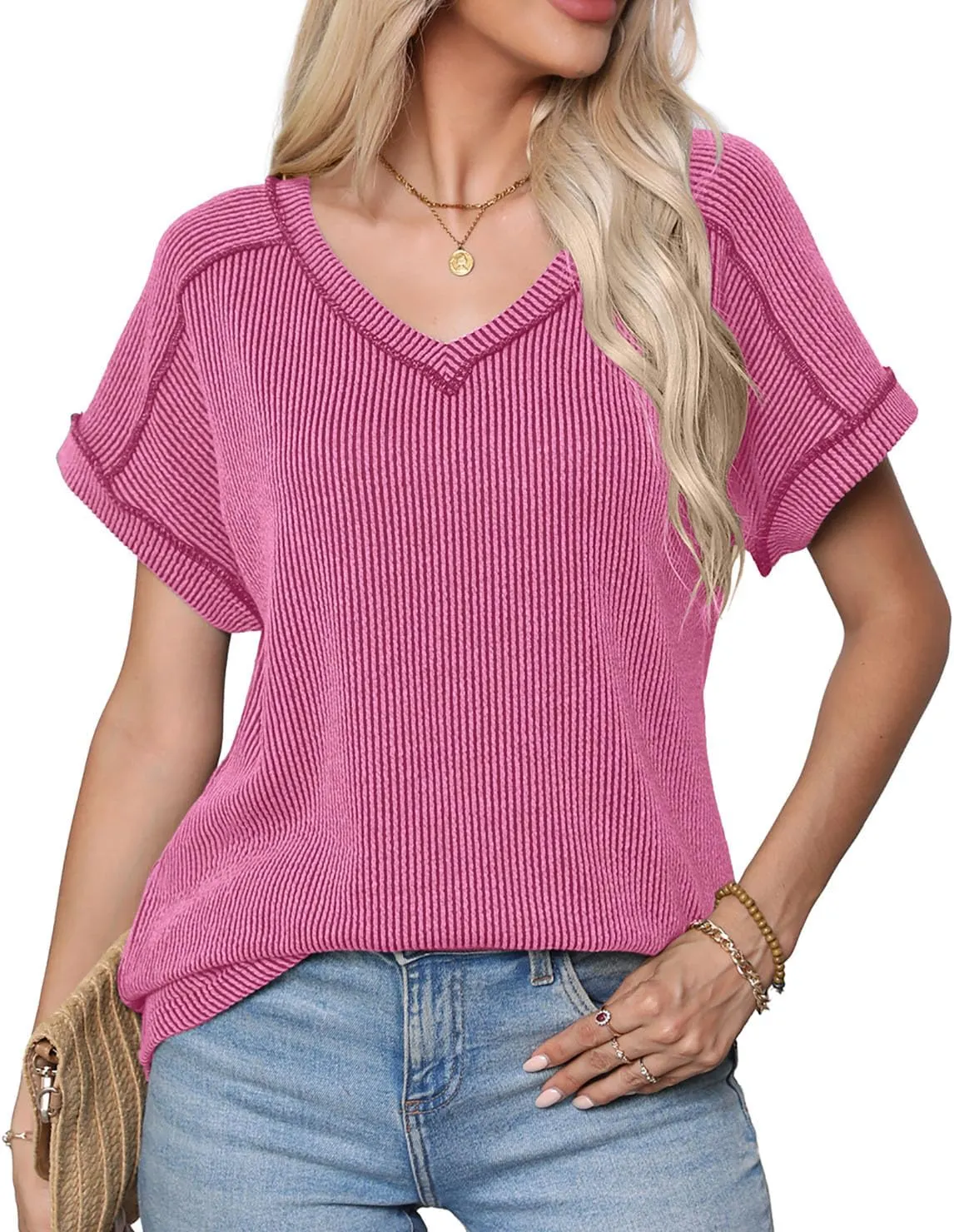 levaca Womens Summer Tops V Neck Cap Short Sleeve Ribbed Tshirts Business Casual Loose Fit Basic Tees Trendy Tunics Clothes