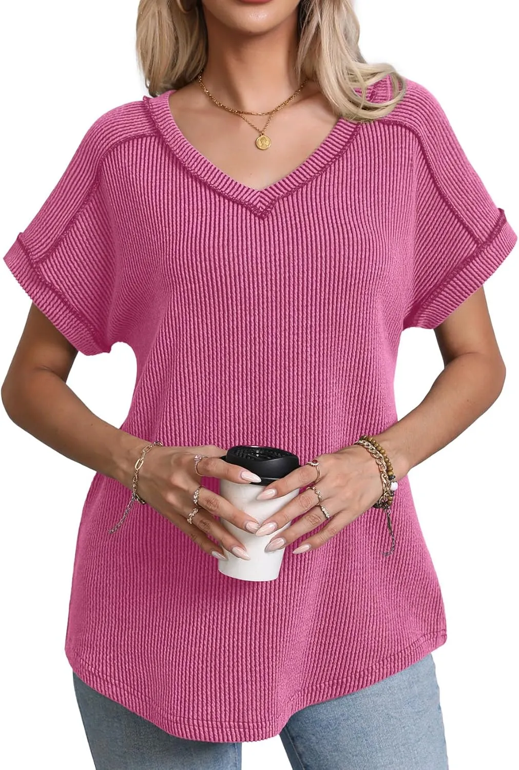 levaca Womens Summer Tops V Neck Cap Short Sleeve Ribbed Tshirts Business Casual Loose Fit Basic Tees Trendy Tunics Clothes