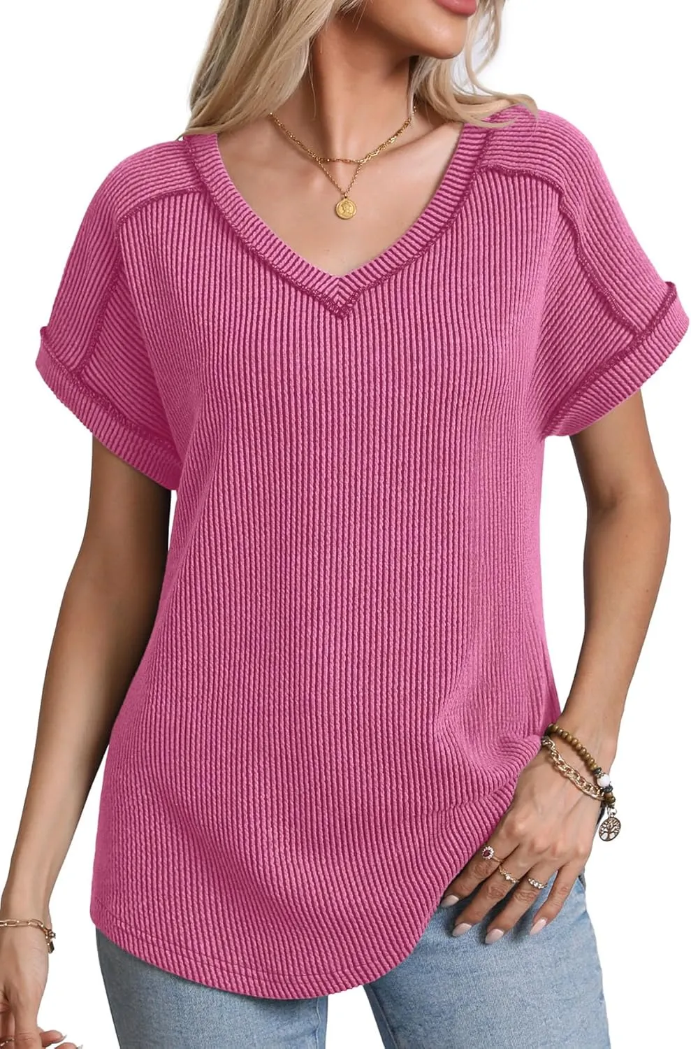 levaca Womens Summer Tops V Neck Cap Short Sleeve Ribbed Tshirts Business Casual Loose Fit Basic Tees Trendy Tunics Clothes