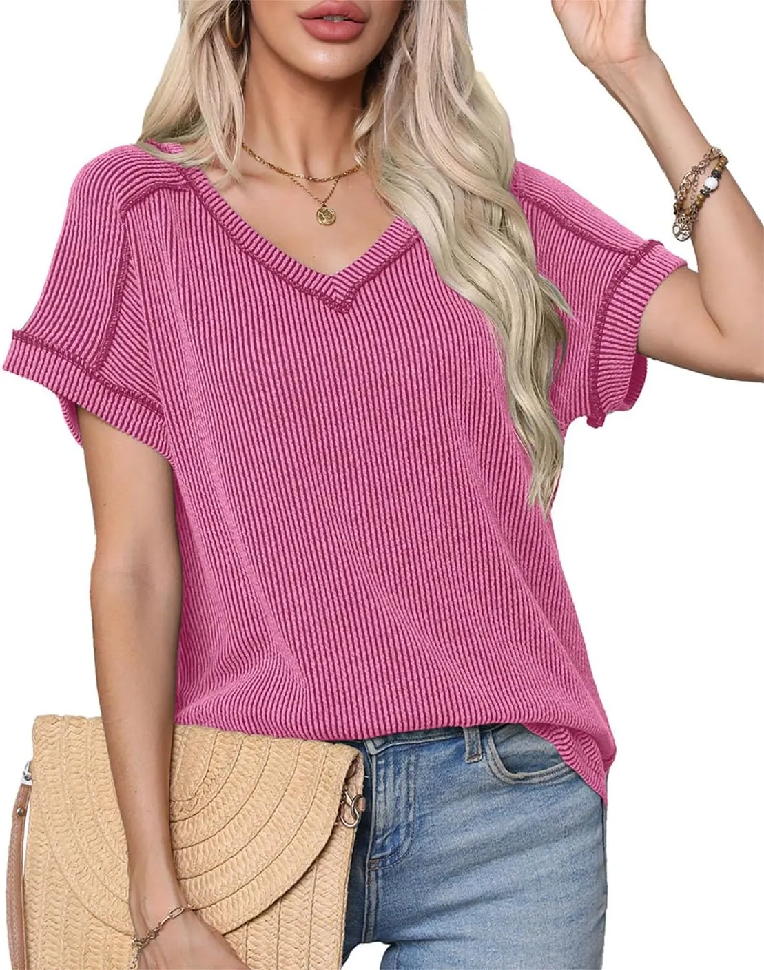 levaca Womens Summer Tops V Neck Cap Short Sleeve Ribbed Tshirts Business Casual Loose Fit Basic Tees Trendy Tunics Clothes
