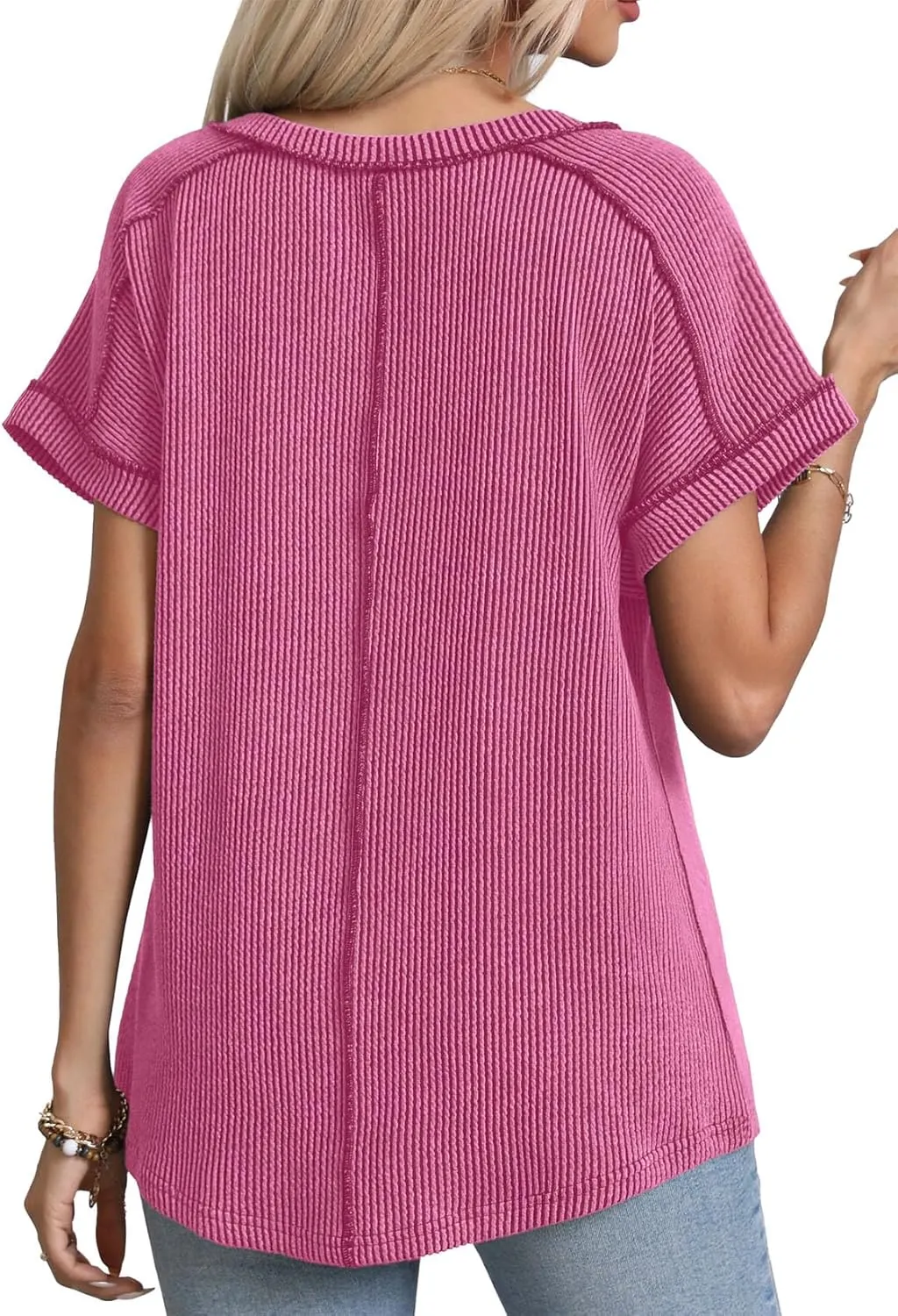 levaca Womens Summer Tops V Neck Cap Short Sleeve Ribbed Tshirts Business Casual Loose Fit Basic Tees Trendy Tunics Clothes