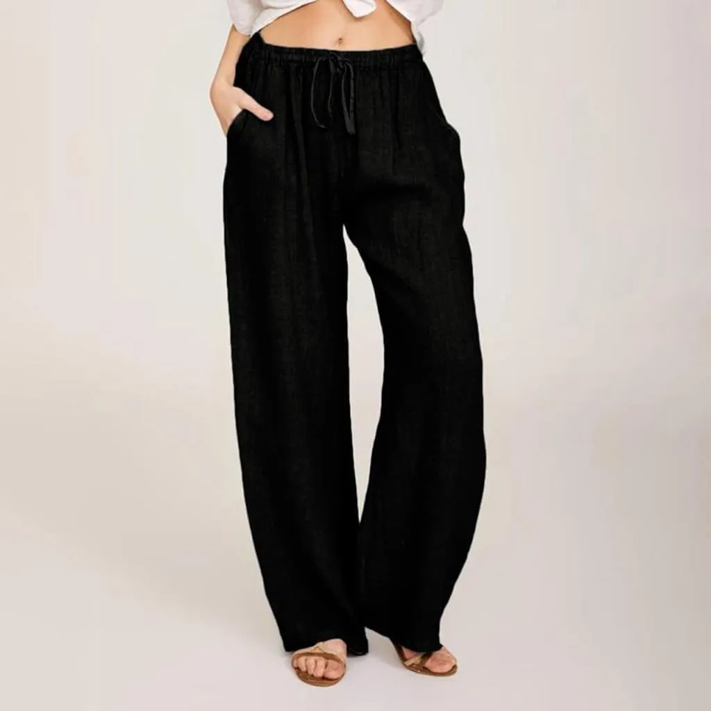 LRMQS Womens Pants Casual Trendy 2024 Spring Drawstring Loose Fit Trouser Lounge Beach Straight Linen Wide Leg Palazzo Outfit