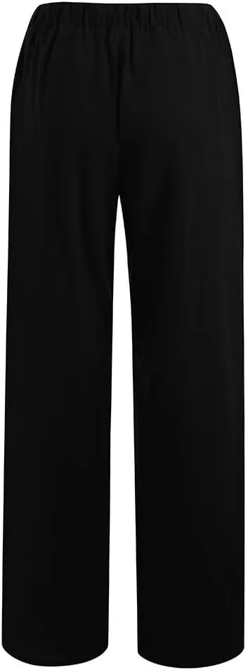 LRMQS Womens Pants Casual Trendy 2024 Spring Drawstring Loose Fit Trouser Lounge Beach Straight Linen Wide Leg Palazzo Outfit