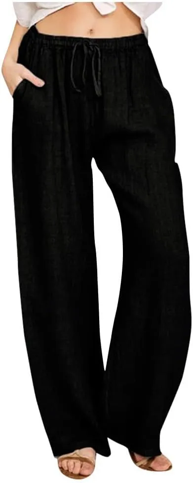 LRMQS Womens Pants Casual Trendy 2024 Spring Drawstring Loose Fit Trouser Lounge Beach Straight Linen Wide Leg Palazzo Outfit