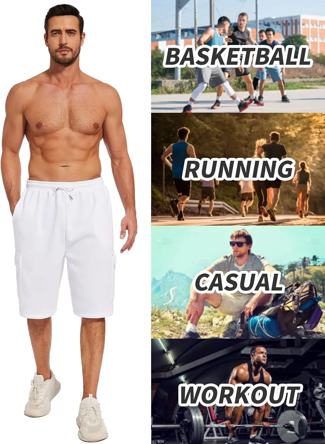 Mens Cargo Sweat Shorts Fleece Casual Athletic Workout Gym Jogger Shorts with 5 Pockets