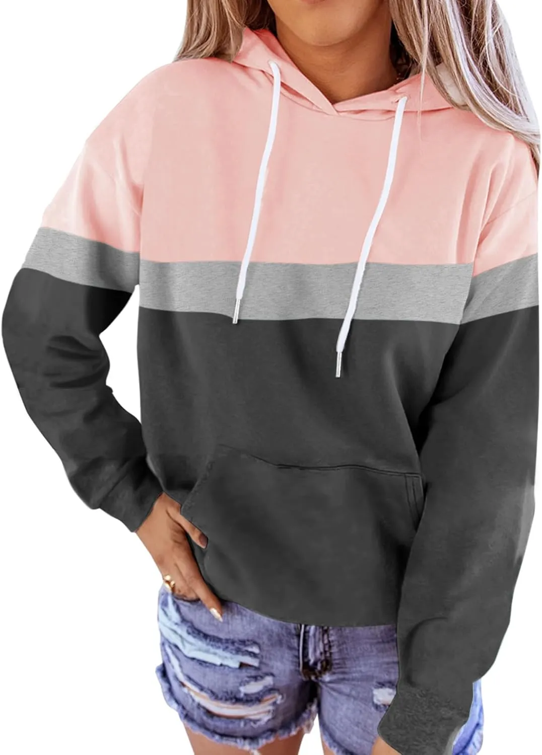 Minclouse Women's Long sleeves Color Block Hoodie Tops Cute Casual Drawstring Loose Lightweight Tunic Pullover
