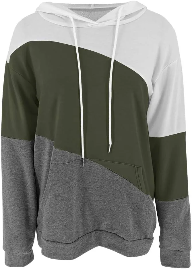 Minclouse Women's Long sleeves Color Block Hoodie Tops Cute Casual Drawstring Loose Lightweight Tunic Pullover