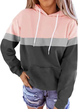 Minclouse Women's Long sleeves Color Block Hoodie Tops Cute Casual Drawstring Loose Lightweight Tunic Pullover