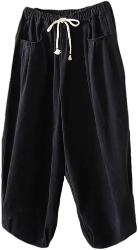 Minibee Women's Baggy Harem Pants Wide Leg Casual Pant Summer Cotton Drawstring Trousers with Pockets
