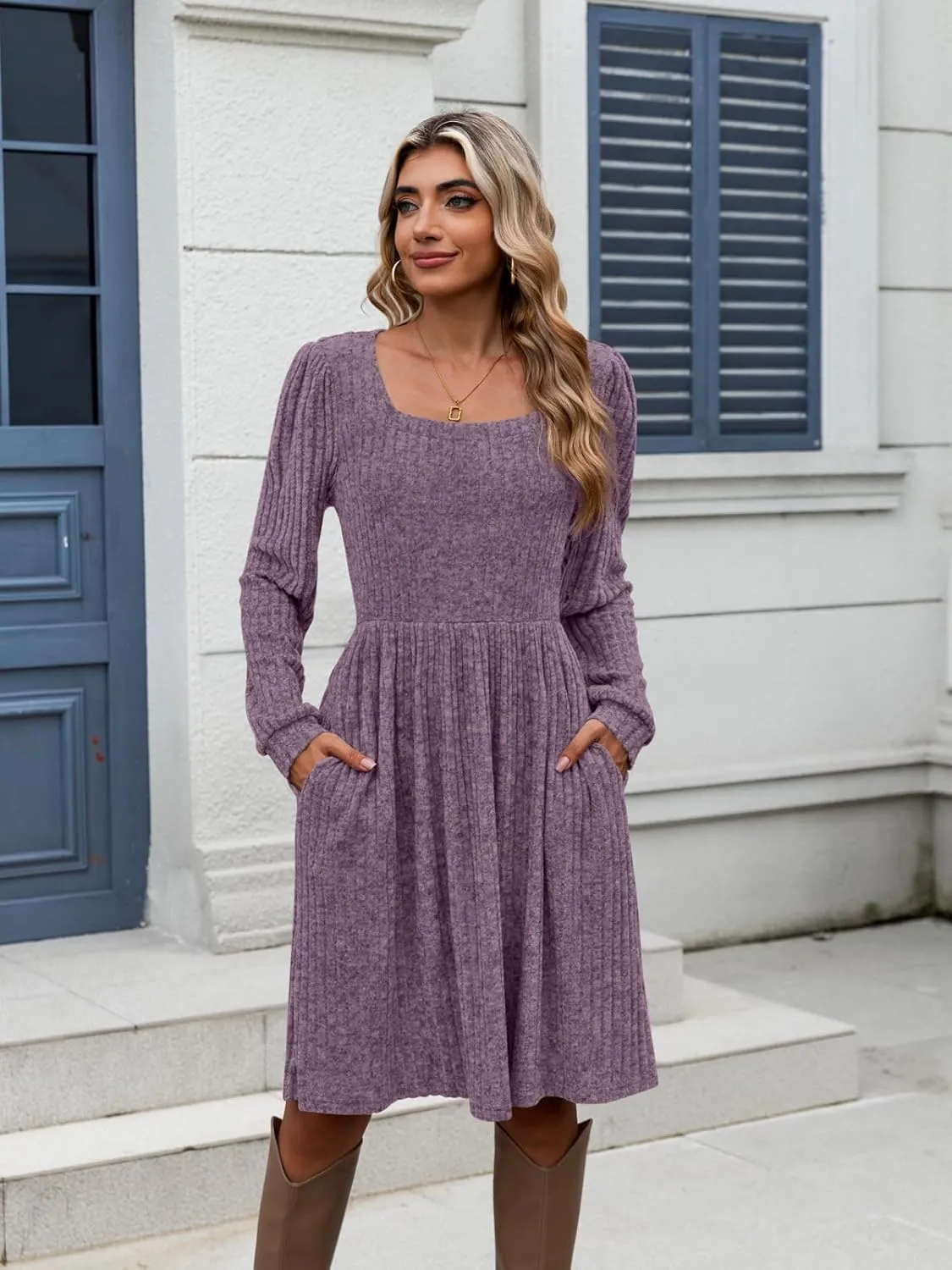 Naggoo Long Sleeve Fall Dresses for Women 2024 Square Neck Winter Sweater Dresses