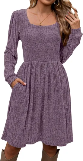 Naggoo Long Sleeve Fall Dresses for Women 2024 Square Neck Winter Sweater Dresses