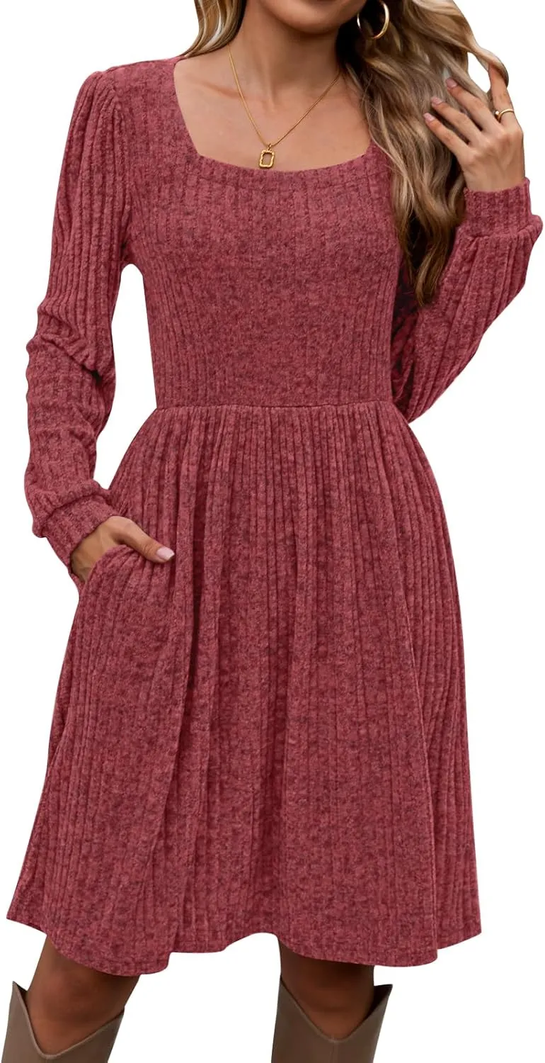 Naggoo Long Sleeve Fall Dresses for Women 2024 Square Neck Winter Sweater Dresses