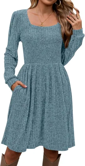 Naggoo Long Sleeve Fall Dresses for Women 2024 Square Neck Winter Sweater Dresses