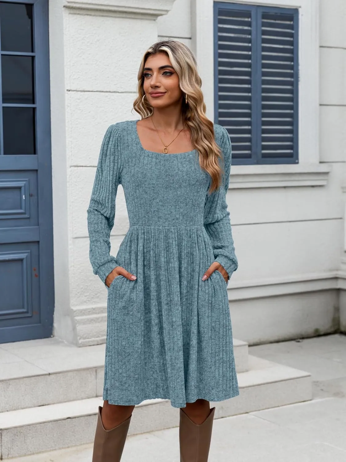 Naggoo Long Sleeve Fall Dresses for Women 2024 Square Neck Winter Sweater Dresses