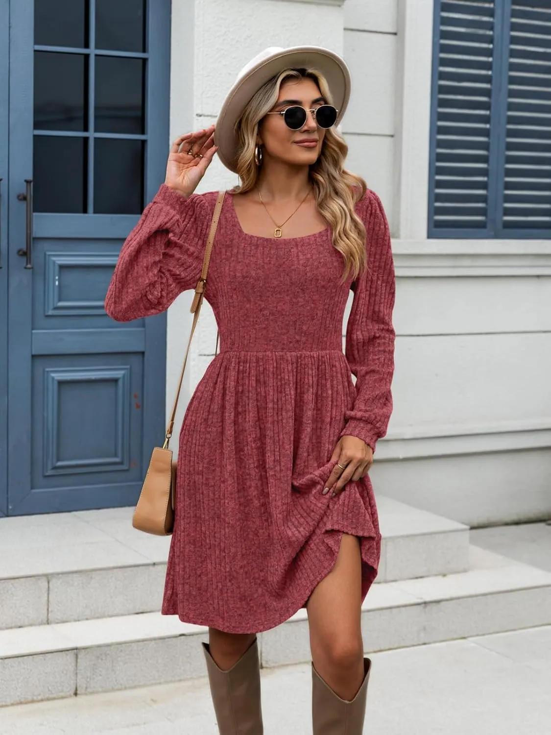 Naggoo Long Sleeve Fall Dresses for Women 2024 Square Neck Winter Sweater Dresses