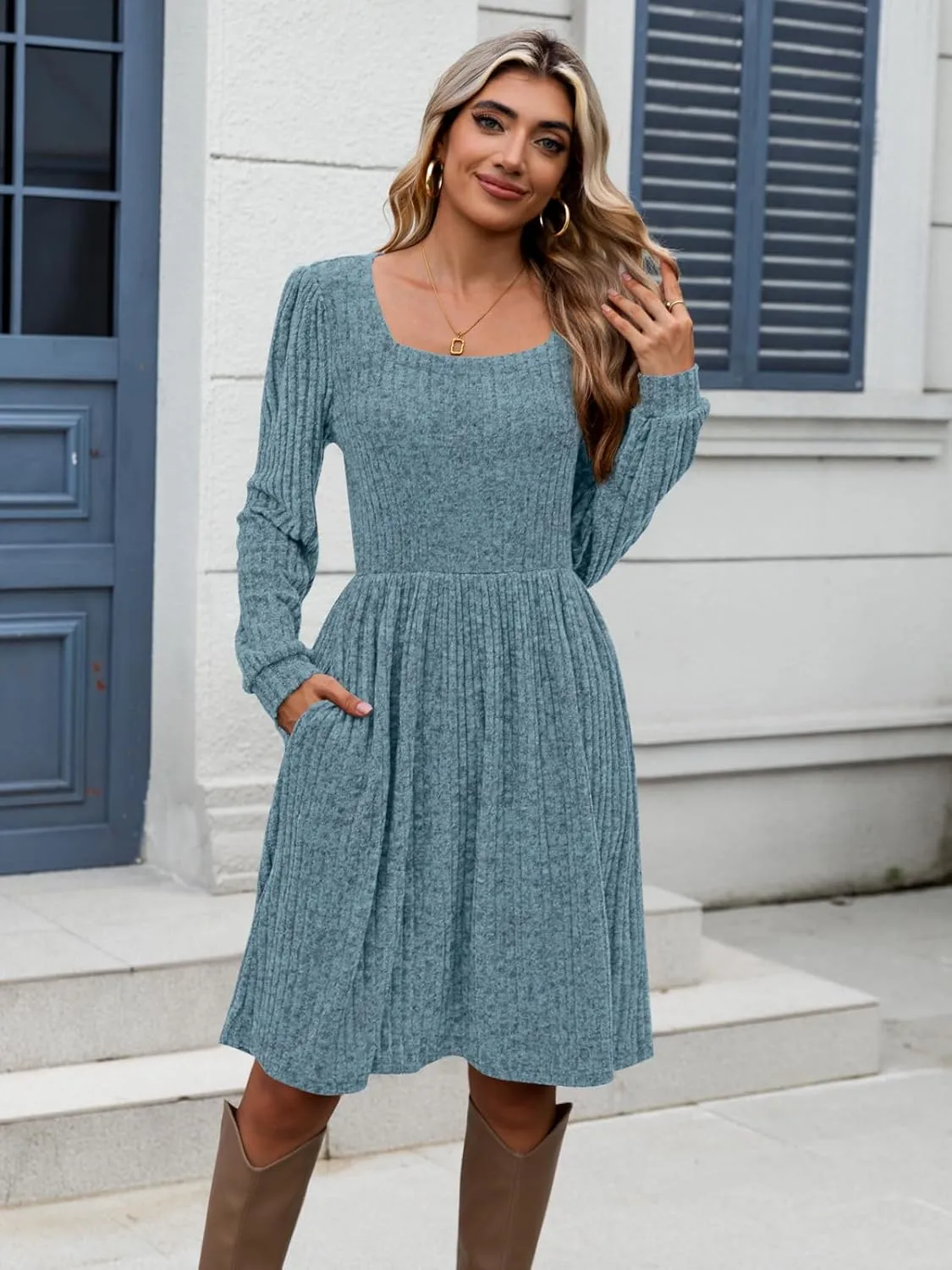 Naggoo Long Sleeve Fall Dresses for Women 2024 Square Neck Winter Sweater Dresses