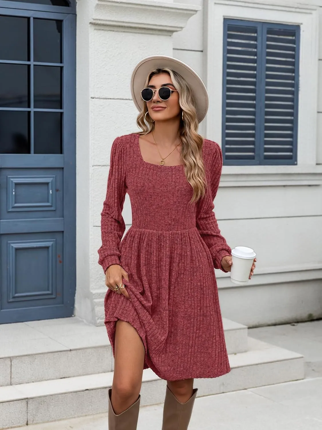 Naggoo Long Sleeve Fall Dresses for Women 2024 Square Neck Winter Sweater Dresses
