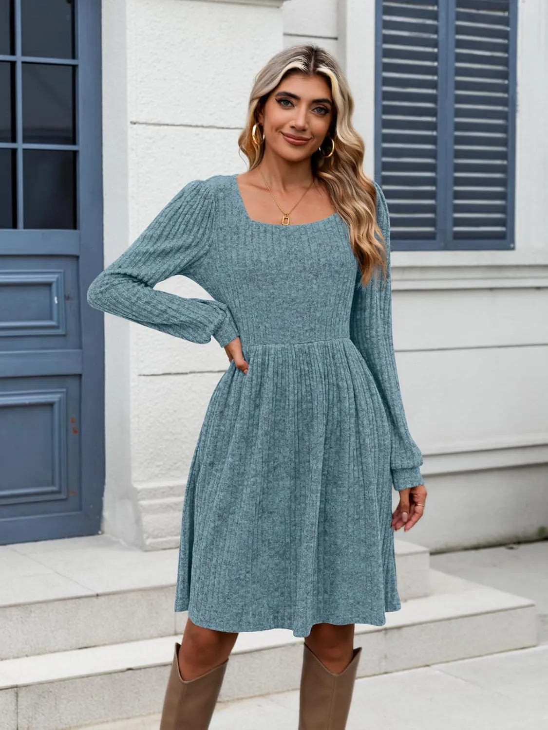 Naggoo Long Sleeve Fall Dresses for Women 2024 Square Neck Winter Sweater Dresses