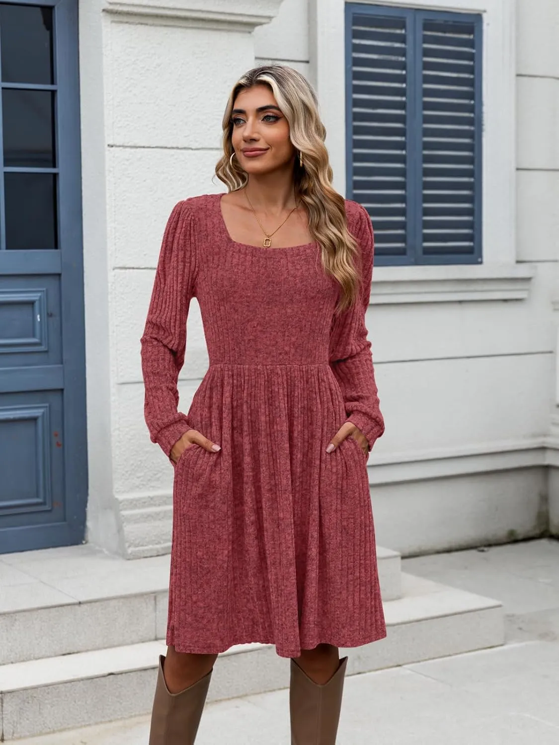 Naggoo Long Sleeve Fall Dresses for Women 2024 Square Neck Winter Sweater Dresses