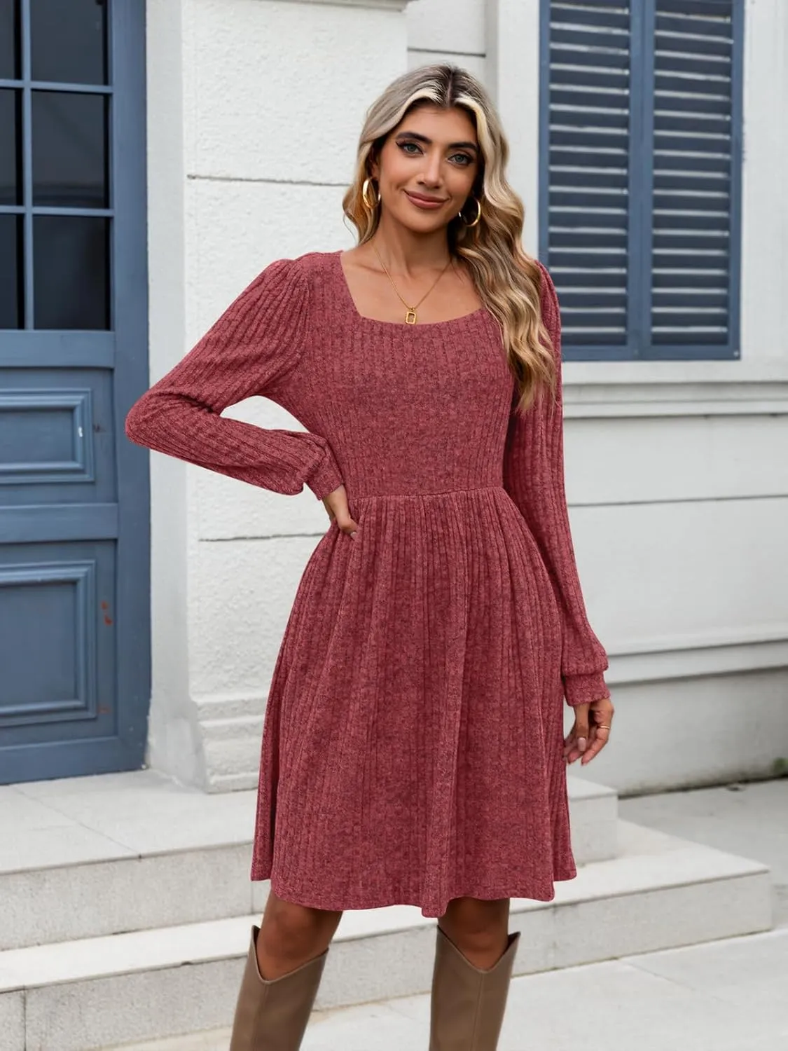 Naggoo Long Sleeve Fall Dresses for Women 2024 Square Neck Winter Sweater Dresses