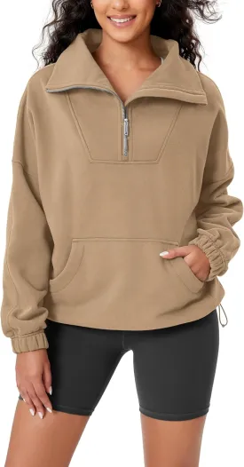 ODODOS Cinchable Sweatshirts for Women Funnel Neck Half Zipper Hoodies Fleece Lined Oversized Pullover