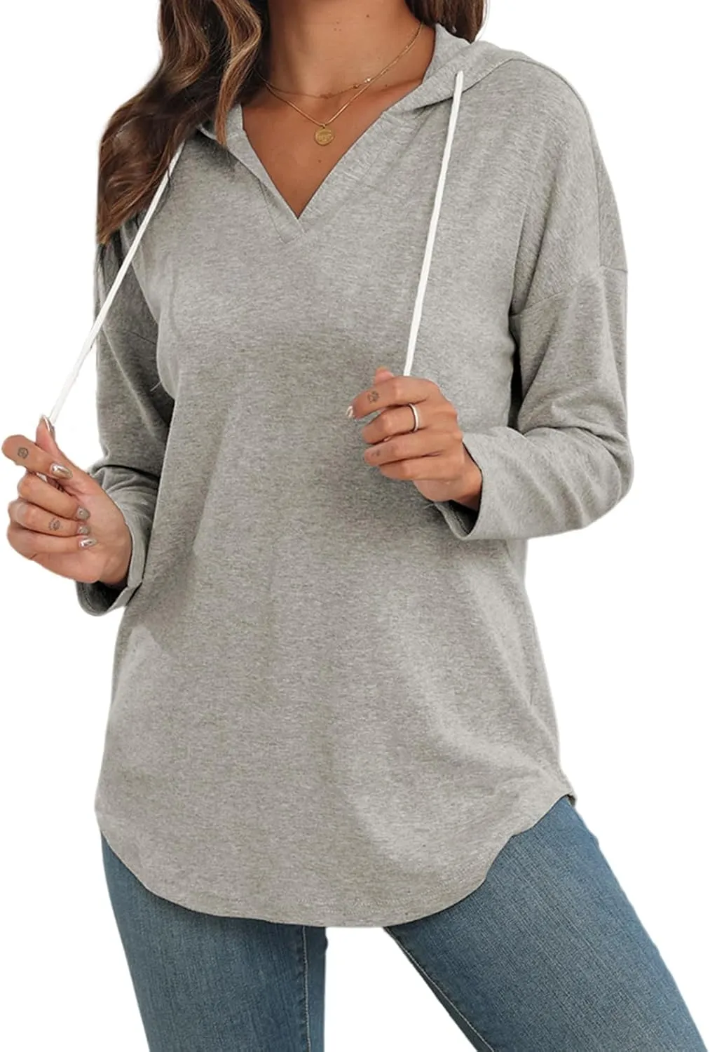 Poetsky Womens V Neck Long Short Sleeve Shirts Drawstring Hoodies Lightweight Pullover Tops