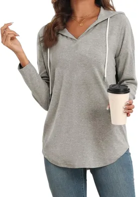 Poetsky Womens V Neck Long Short Sleeve Shirts Drawstring Hoodies Lightweight Pullover Tops
