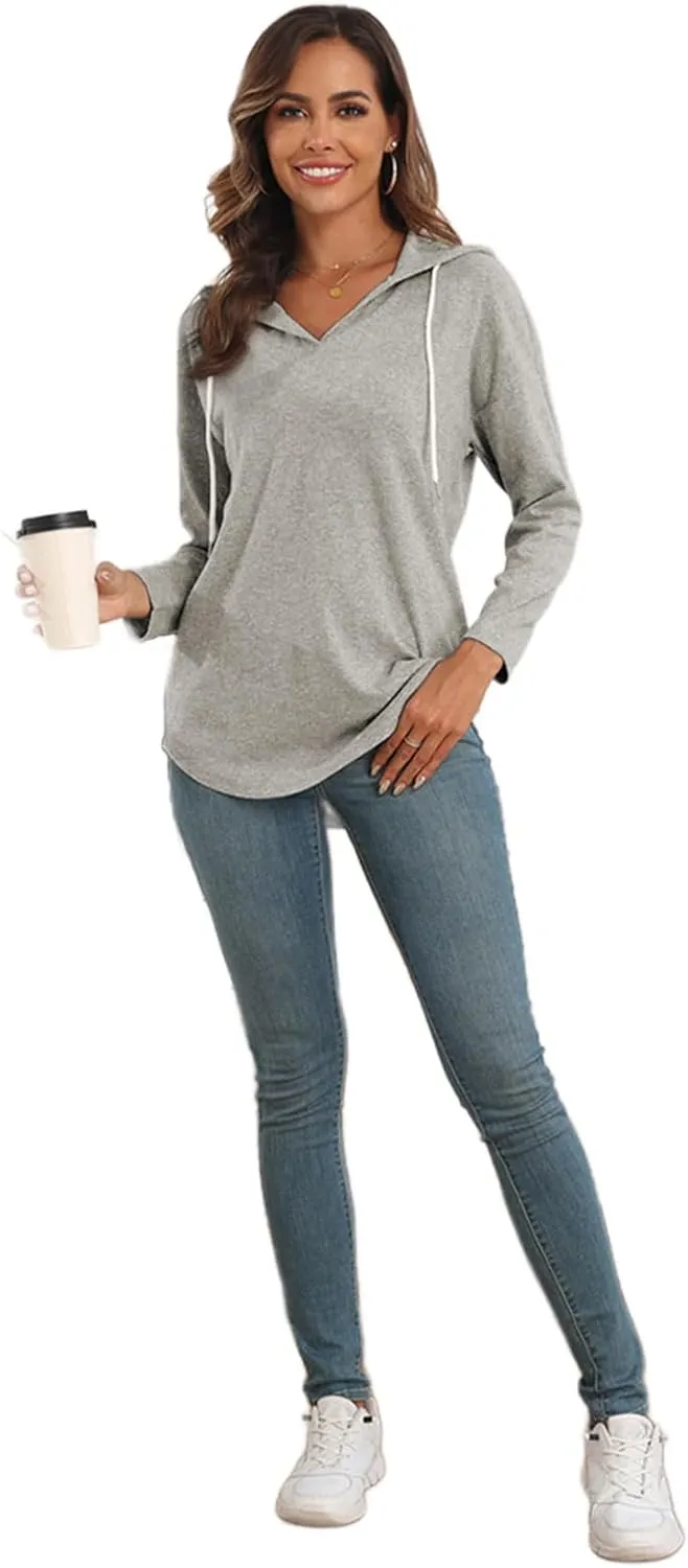 Poetsky Womens V Neck Long Short Sleeve Shirts Drawstring Hoodies Lightweight Pullover Tops