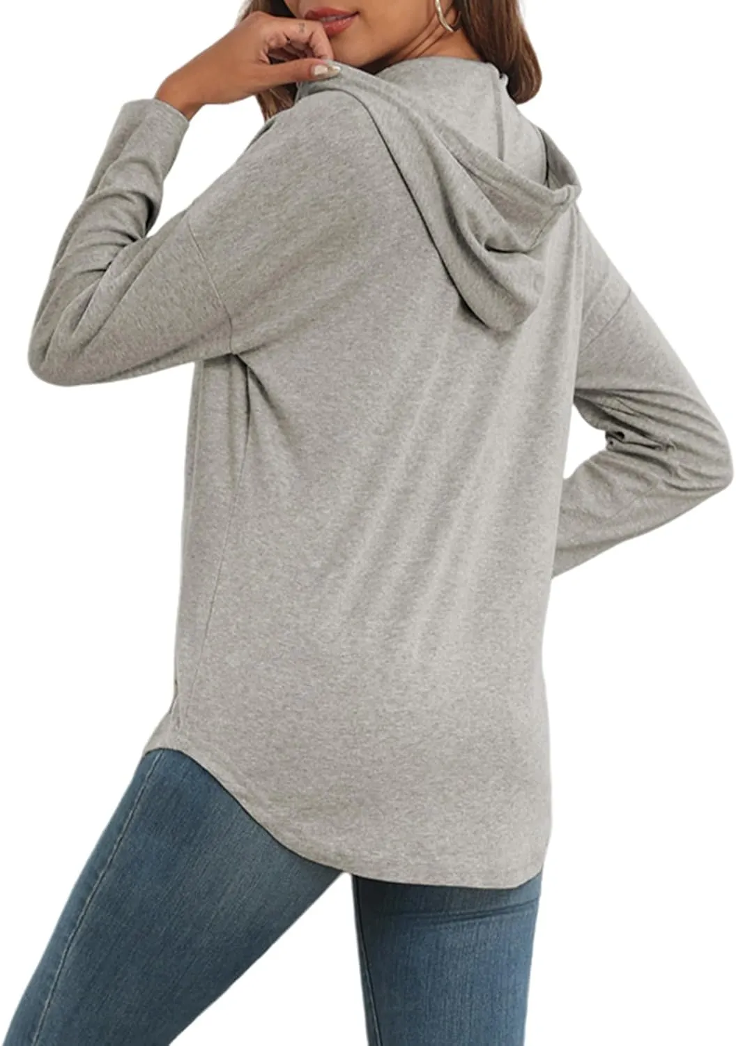 Poetsky Womens V Neck Long Short Sleeve Shirts Drawstring Hoodies Lightweight Pullover Tops
