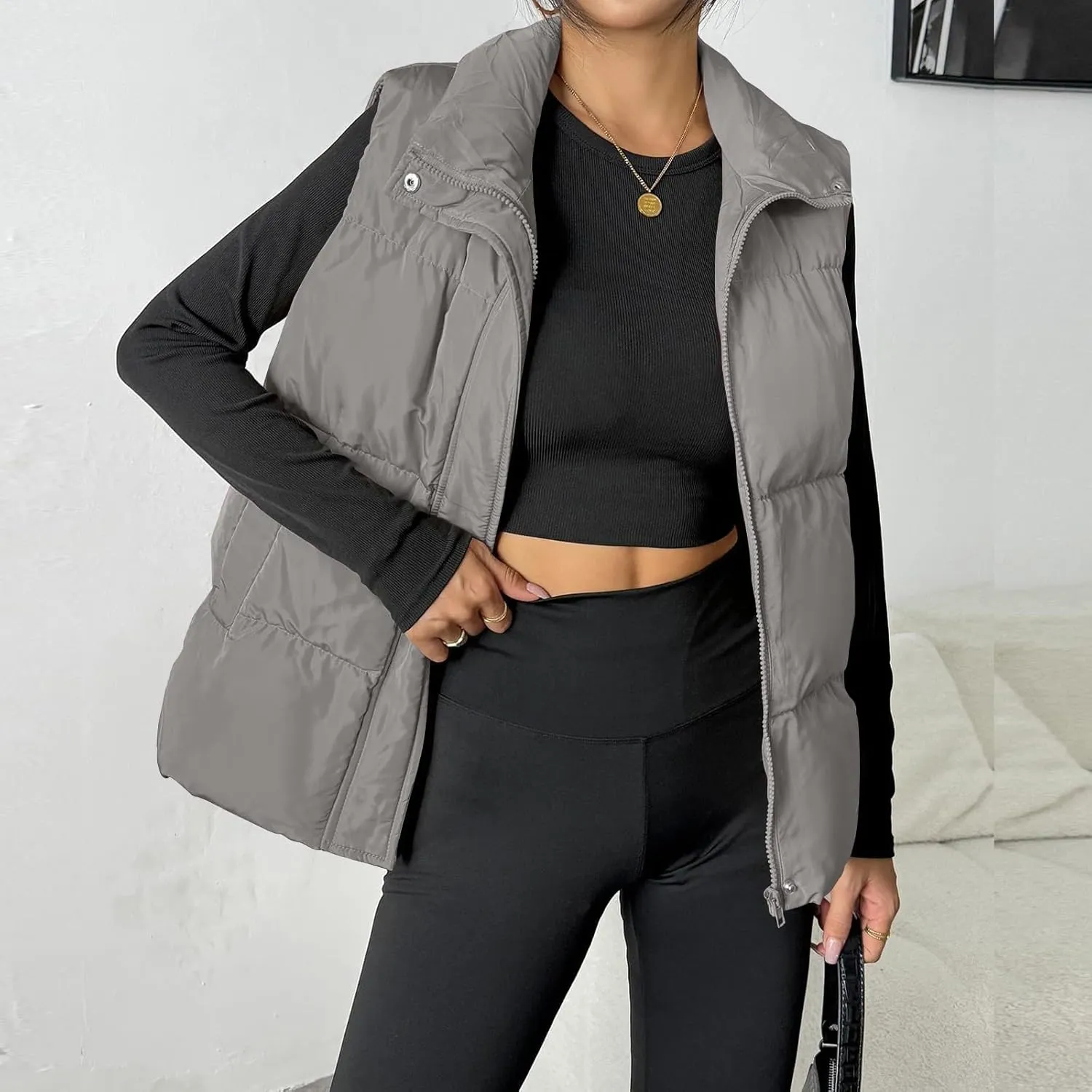 Puffer Vest Women Lightweight Zip Up Jackets with Pockets Fall Casual Stand Collar Padded Quilted Waistcoat Vest