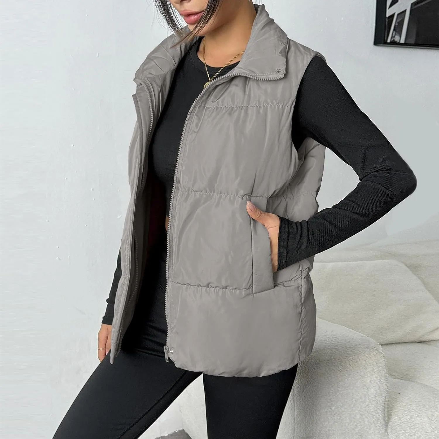 Puffer Vest Women Lightweight Zip Up Jackets with Pockets Fall Casual Stand Collar Padded Quilted Waistcoat Vest