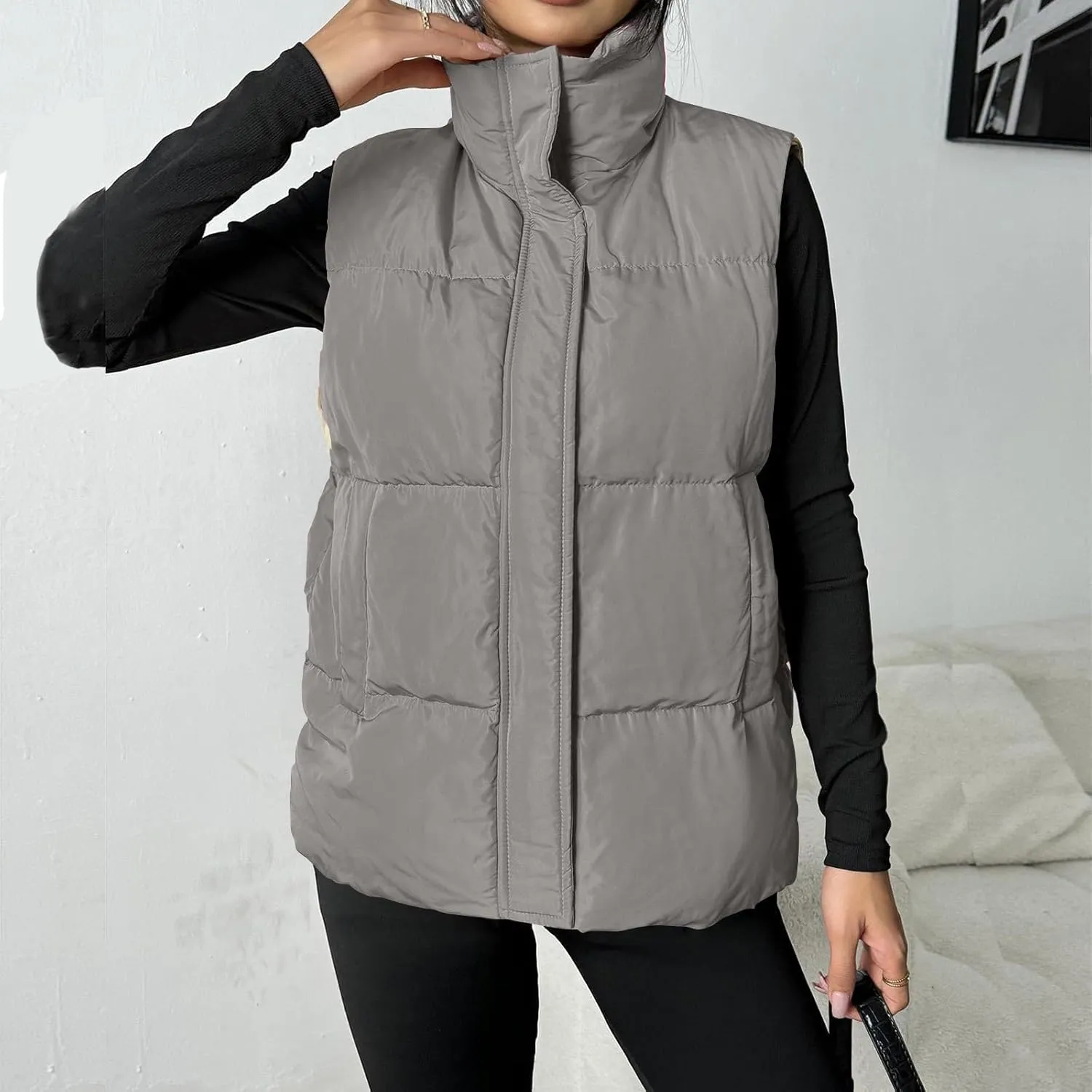 Puffer Vest Women Lightweight Zip Up Jackets with Pockets Fall Casual Stand Collar Padded Quilted Waistcoat Vest