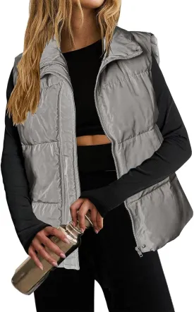 Puffer Vest Women Lightweight Zip Up Jackets with Pockets Fall Casual Stand Collar Padded Quilted Waistcoat Vest