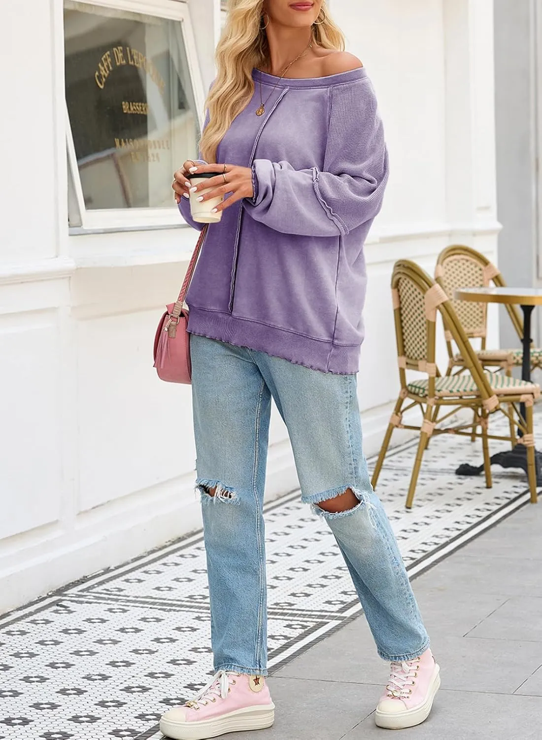 SHEWIN Womens Fashion Waffle Knit Sweatshirt Casual Crewneck Long Sleeve Reverse Seam Oversized Pullover Sweatshirts